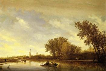 薩洛矇 凡 雷斯達爾 A River Landscape with Boats and Chateau